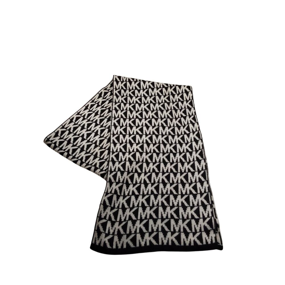 Michael Kors Knit Scarf Black White MK Signature Logo Monogram 64”x10”
